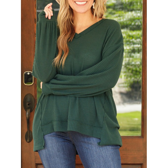 Dark green front short back long lantern sleeve T-shirt