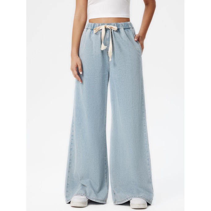 Denim High Waist Solid Tie Front Wide Leg