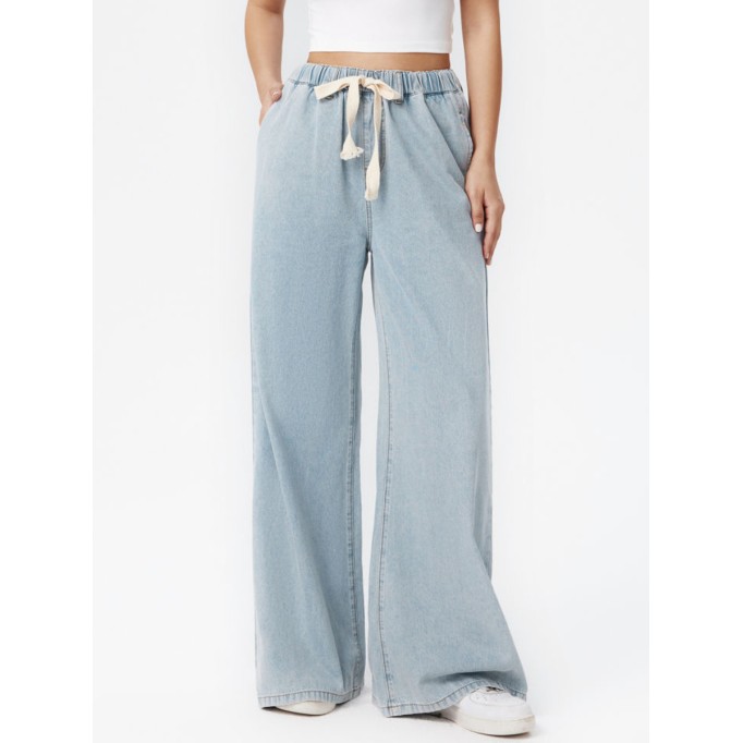 Denim High Waist Solid Tie Front Wide Leg