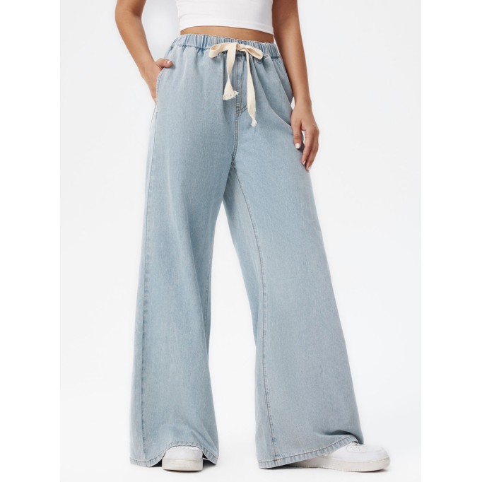 Denim High Waist Solid Tie Front Wide Leg
