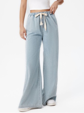 Denim High Waist Solid Tie Front Wide Leg