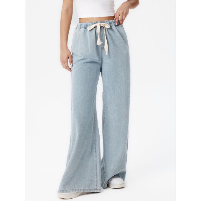 Denim High Waist Solid Tie Front Wide Leg