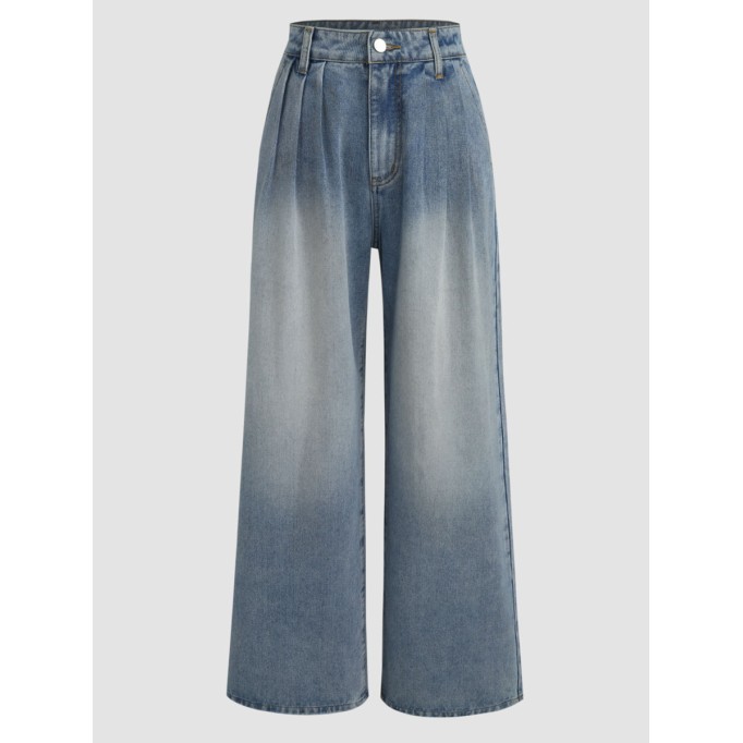 Denim Pleated Straight Leg Jeans