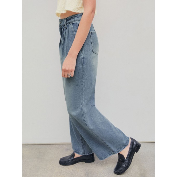 Denim Pleated Straight Leg Jeans