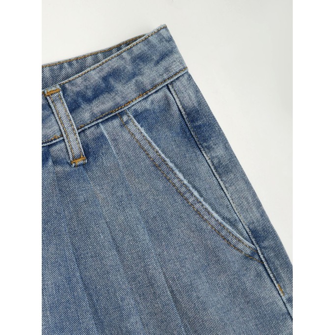 Denim Pleated Straight Leg Jeans