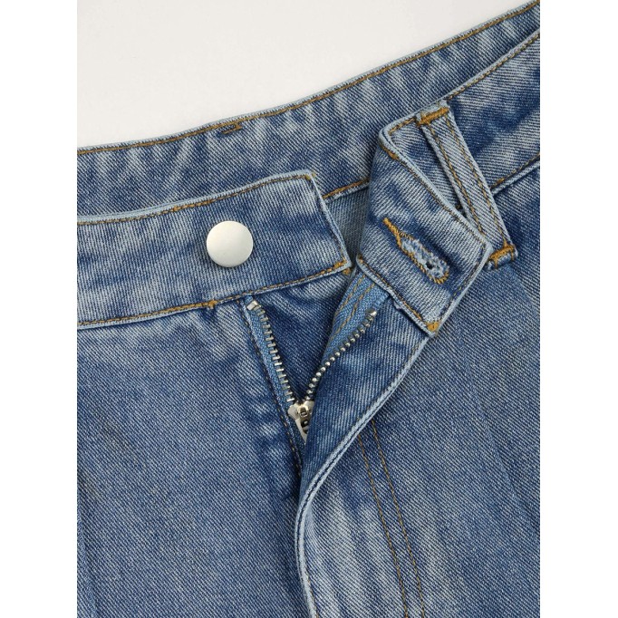 Denim Pleated Straight Leg Jeans