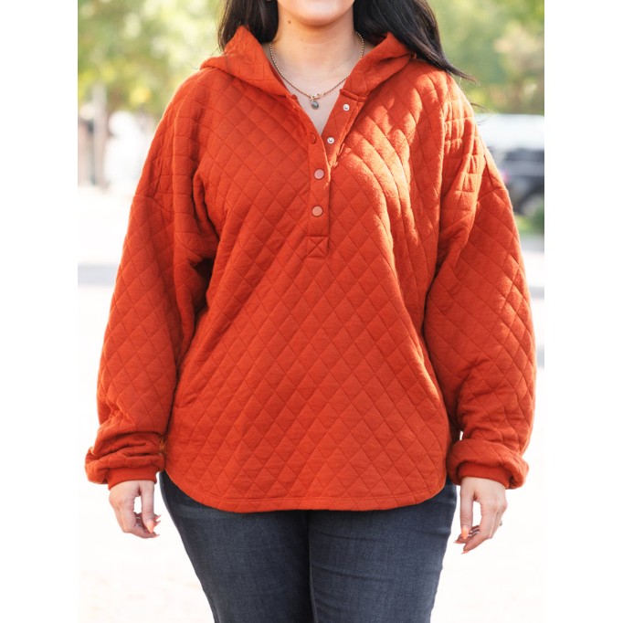 Diamond plaid button loose fitting hoodie