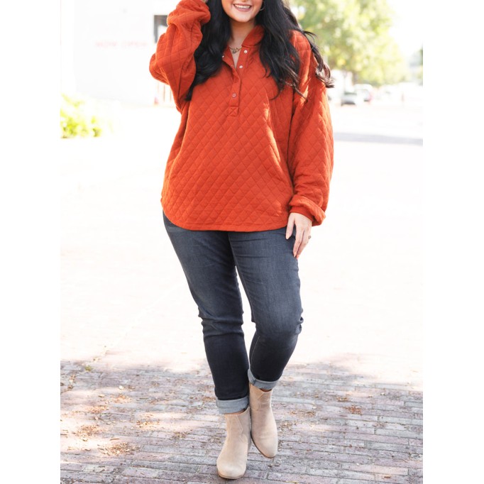 Diamond plaid button loose fitting hoodie