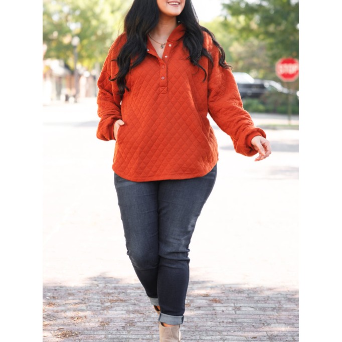 Diamond plaid button loose fitting hoodie