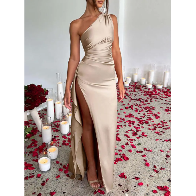 Elegant off-shoulder slit solid color dress