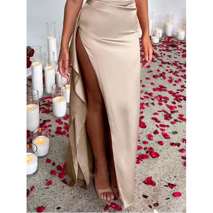 Elegant off-shoulder slit solid color dress