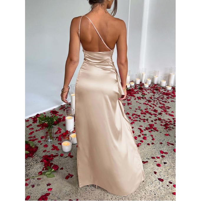 Elegant off-shoulder slit solid color dress