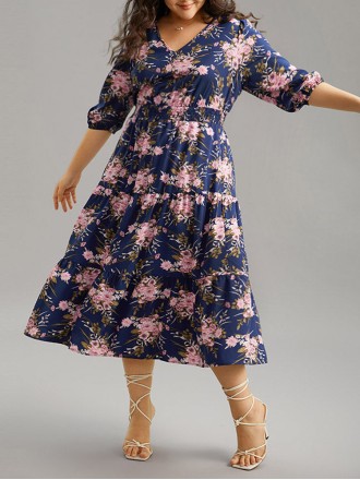 Elegant senior waist V-neck floral dress
