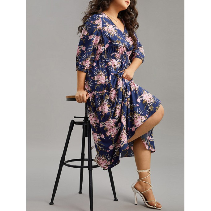 Elegant senior waist V-neck floral dress