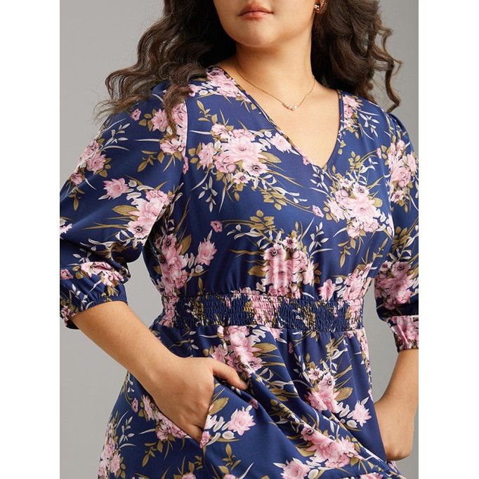 Elegant senior waist V-neck floral dress