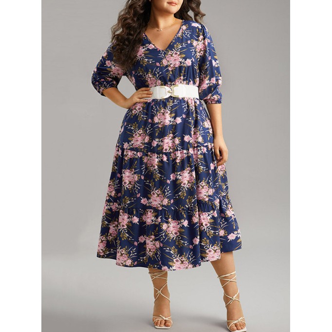 Elegant senior waist V-neck floral dress