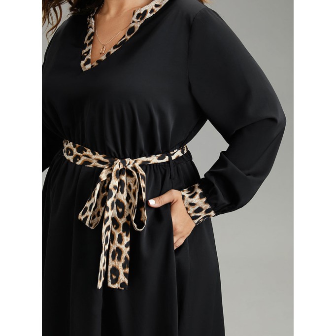 Elegant senior waist waist leopard belt dress MIDI