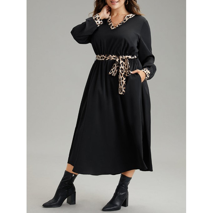 Elegant senior waist waist leopard belt dress MIDI