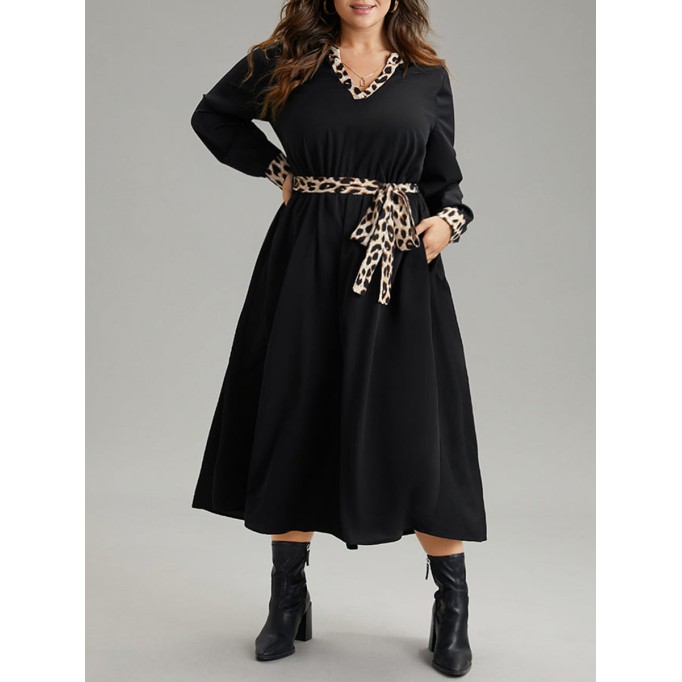 Elegant senior waist waist leopard belt dress MIDI