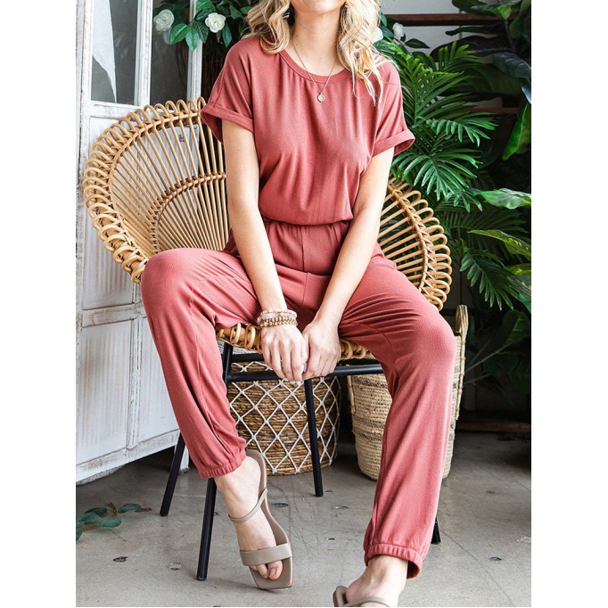 Fashionable solid color round neck casual jumpsuit