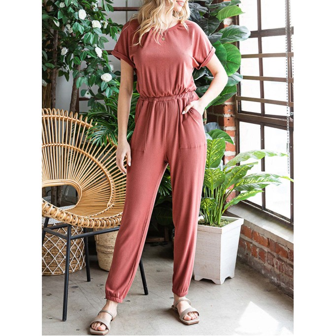 Fashionable solid color round neck casual jumpsuit