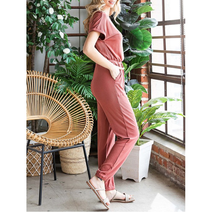 Fashionable solid color round neck casual jumpsuit