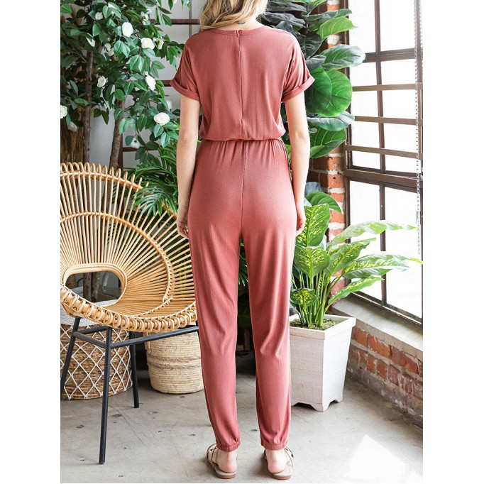 Fashionable solid color round neck casual jumpsuit