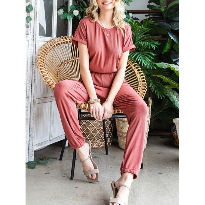 Fashionable solid color round neck casual jumpsuit