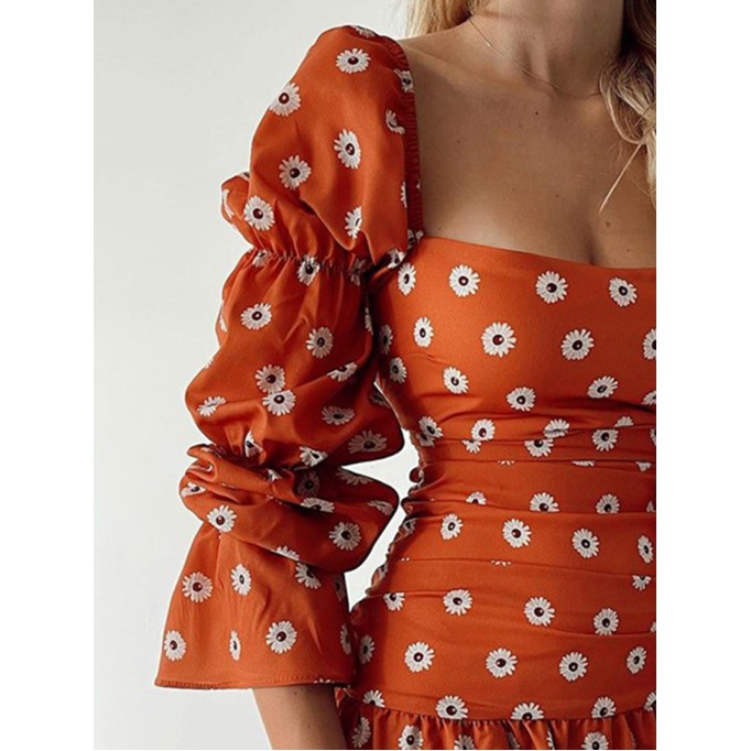 Fashionable Square Neck Printed Puff Sleeve Dress