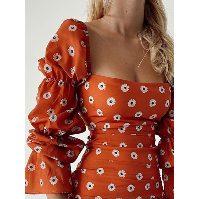 Fashionable Square Neck Printed Puff Sleeve Dress