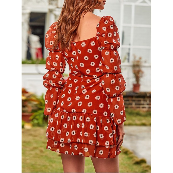 Fashionable Square Neck Printed Puff Sleeve Dress