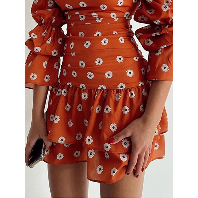 Fashionable Square Neck Printed Puff Sleeve Dress
