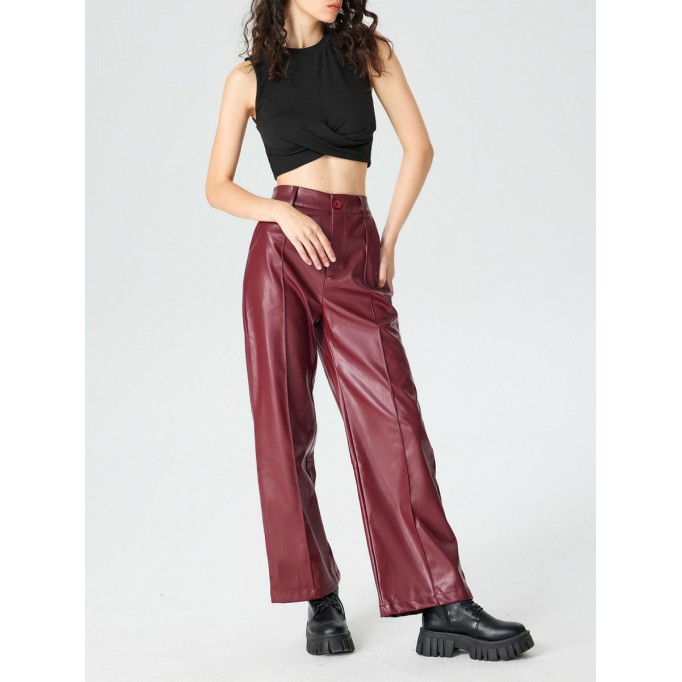 Faux Leather Solid High Waist Wide Leg Trousers