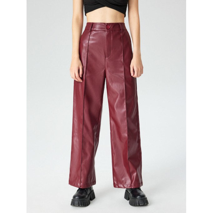Faux Leather Solid High Waist Wide Leg Trousers