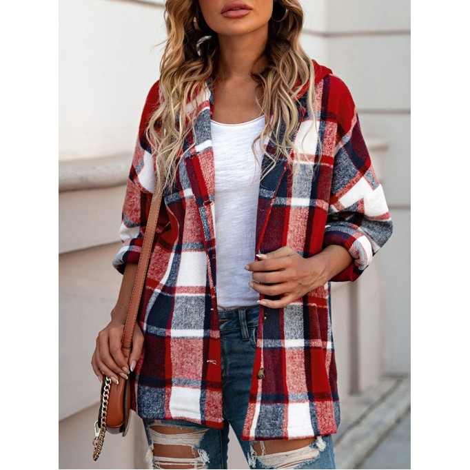 Fiery Red Hooded Plaid Button Front Shacket