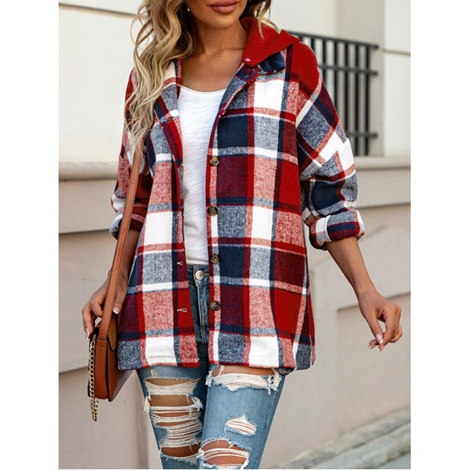 Fiery Red Hooded Plaid Button Front Shacket