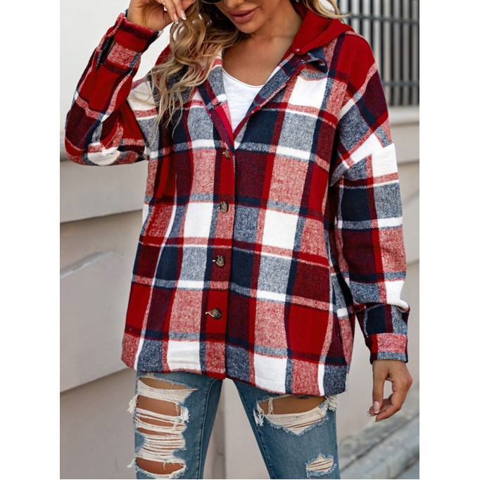Fiery Red Hooded Plaid Button Front Shacket