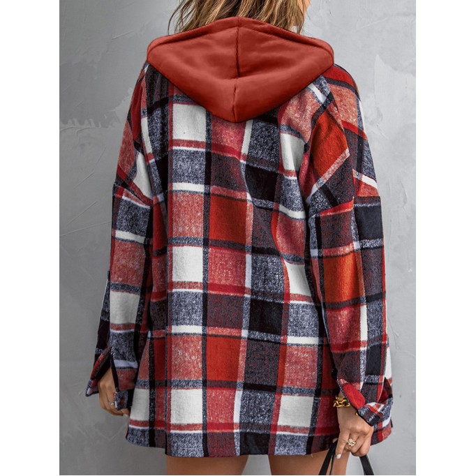 Fiery Red Hooded Plaid Button Front Shacket