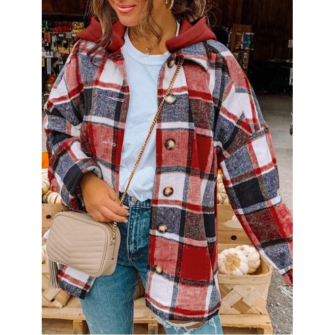 Fiery Red Hooded Plaid Button Front Shacket