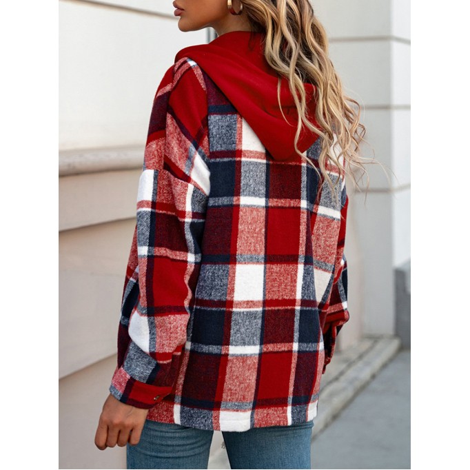 Fiery Red Hooded Plaid Button Front Shacket