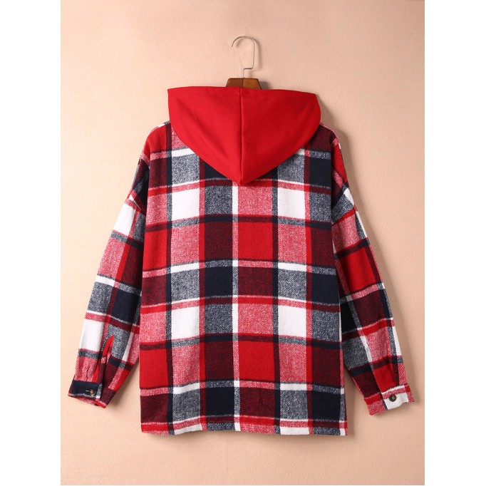 Fiery Red Hooded Plaid Button Front Shacket