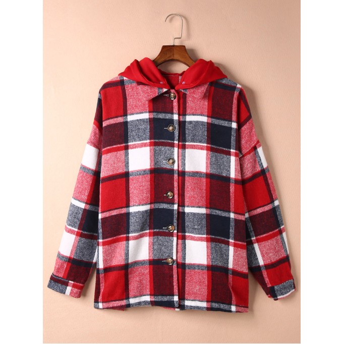 Fiery Red Hooded Plaid Button Front Shacket