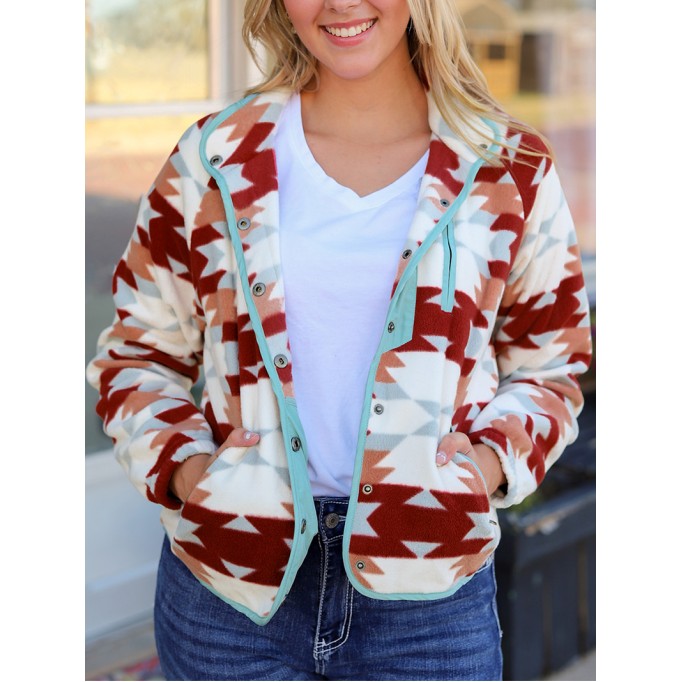 Fire Red Button Zip Pocket Fleece Jacket