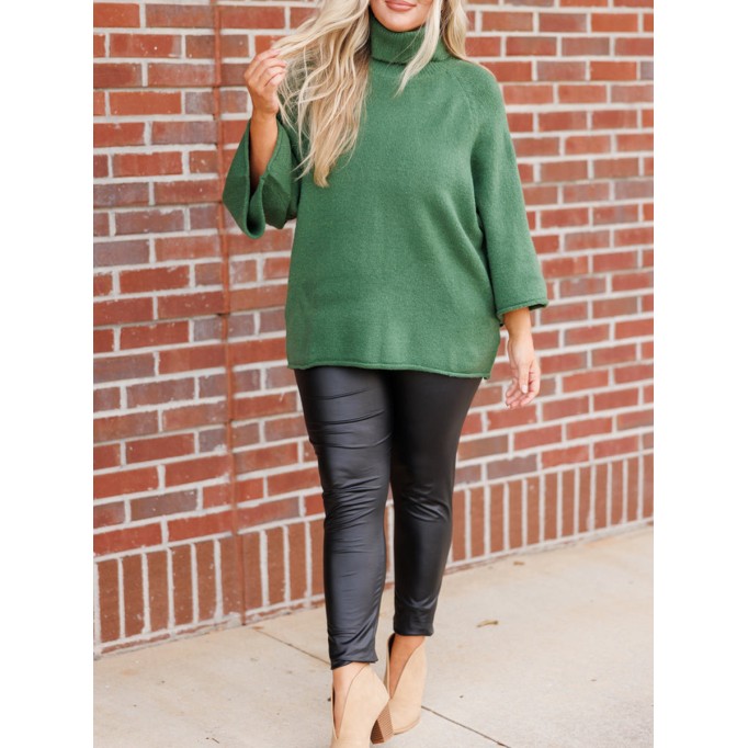 Flare sleeved high neck loose knit sweater