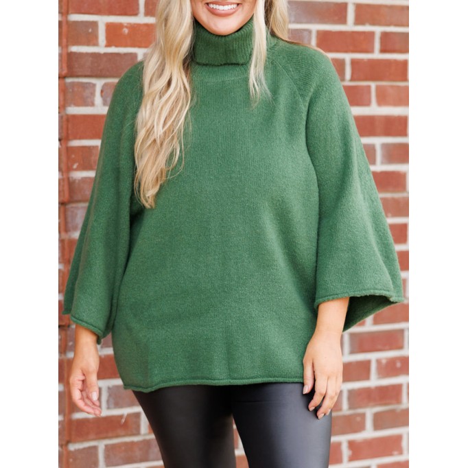 Flare sleeved high neck loose knit sweater