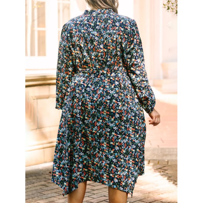 Floral lace up lantern sleeve loose fitting dress