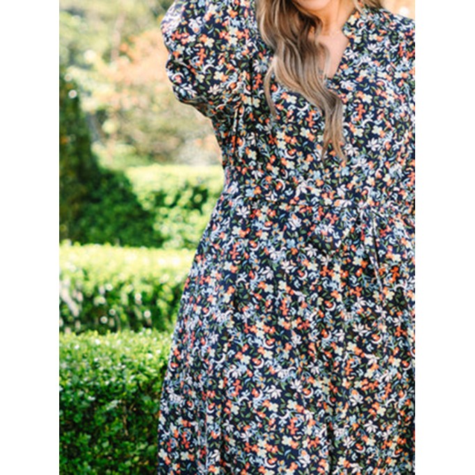 Floral lace up lantern sleeve loose fitting dress