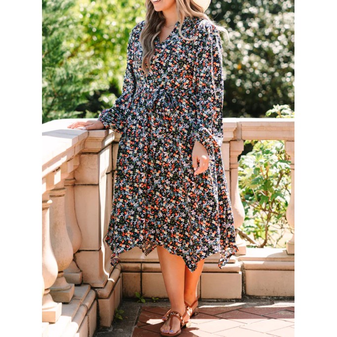 Floral lace up lantern sleeve loose fitting dress