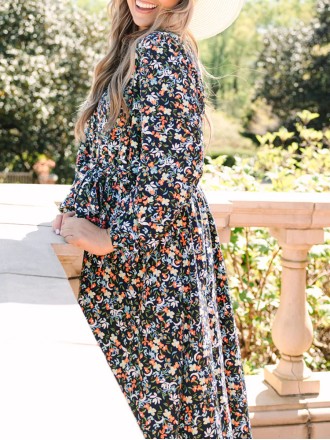 Floral lace up lantern sleeve loose fitting dress