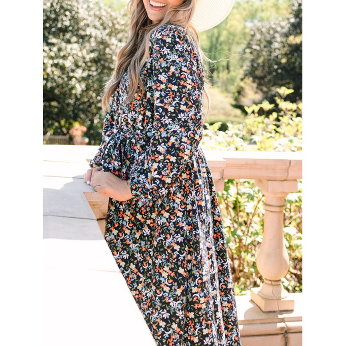 Floral lace up lantern sleeve loose fitting dress